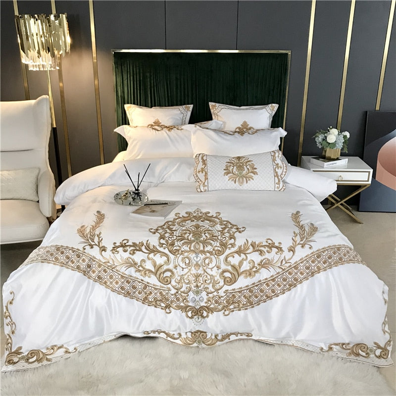 White Luxury European Royal Gold Embroidery 60S Satin And Cotton Bedding Set Duvet Cover Bed Sheet Or Fitted Sheet Pillowcases