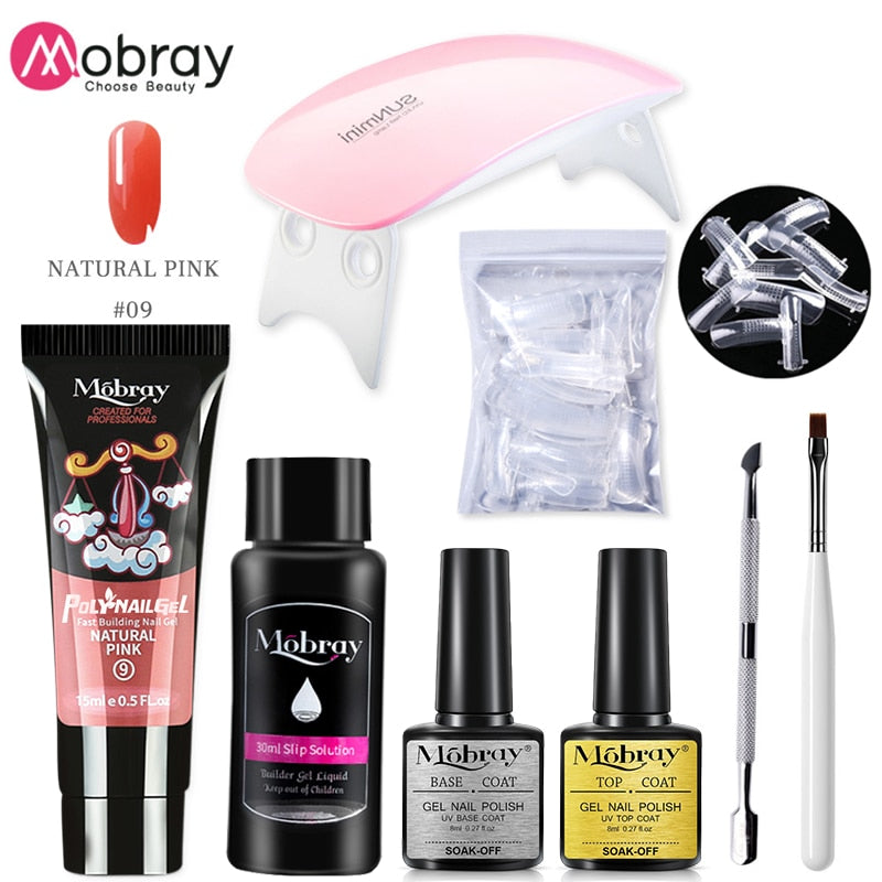 Mobray Poly Nail Gel Kit Nail Set With Nail Drying Lamp Base Top Coat Extension Gel Nail Kit Nail Tools Manicure Set