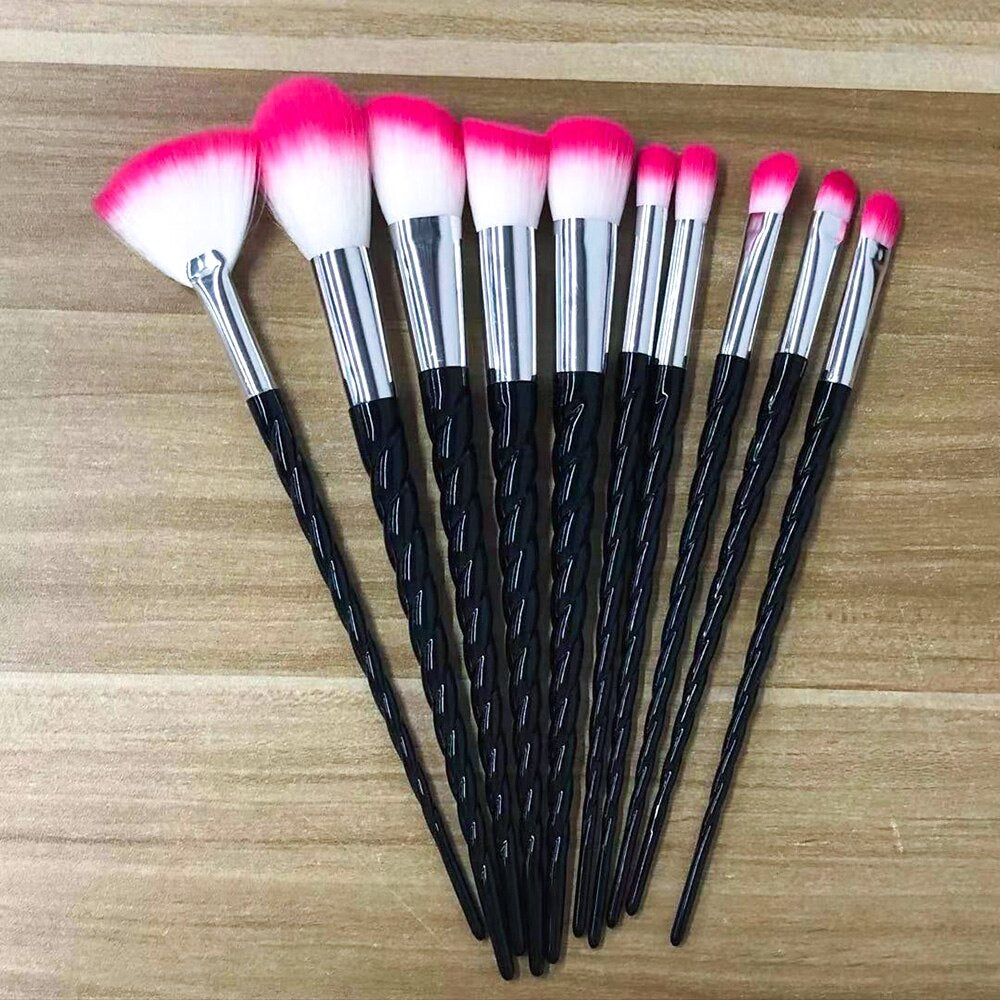 NEW BLACK+RED 10PCS/SET Spiral Design Plastic Handle Beauty Makeup Brushes Cosmetic Foundation Powder Blush Make Up Brush Tool