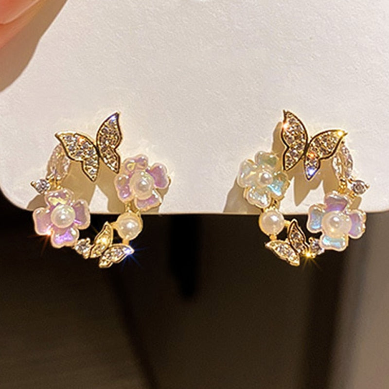 Korean Fashion Classic Round Wreath Pink Green Crystal Flower Stud Earrings Sweet Daisy Flower Ear Jewelry Brinco Gift for Women