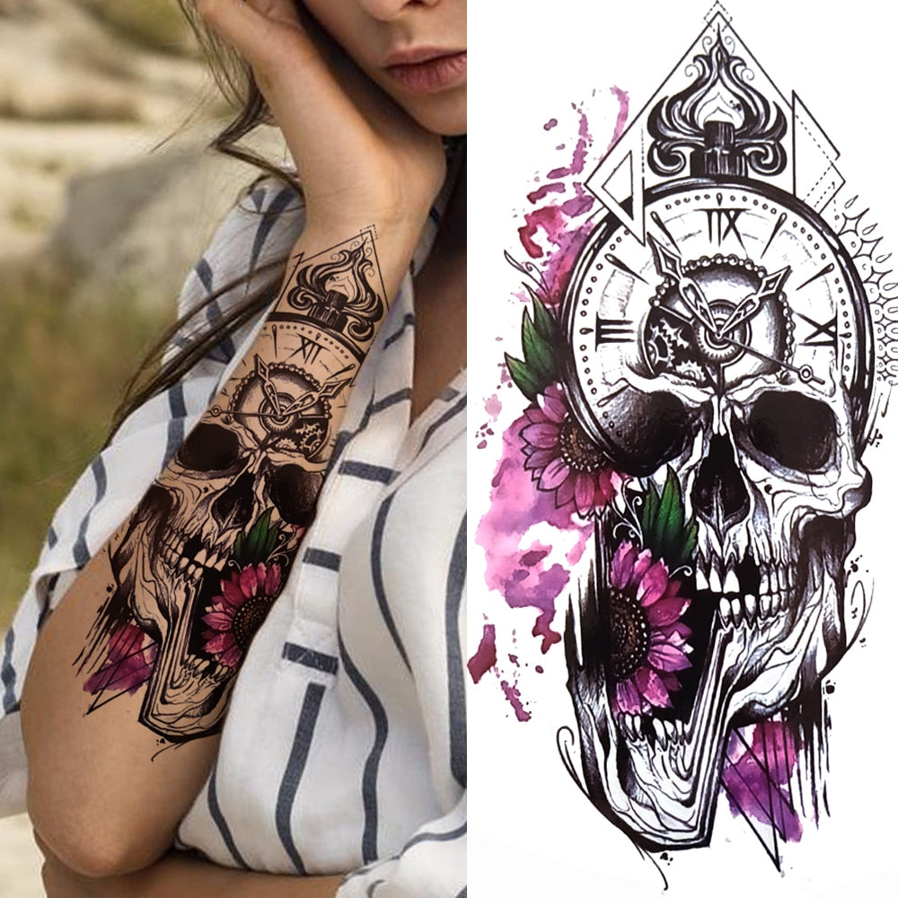 Black Forest Tattoo Sticker For Men Women Children Tiger Wolf Death Skull Temporary Tattoo Fake Henna Skeleton King Animal Tatoo