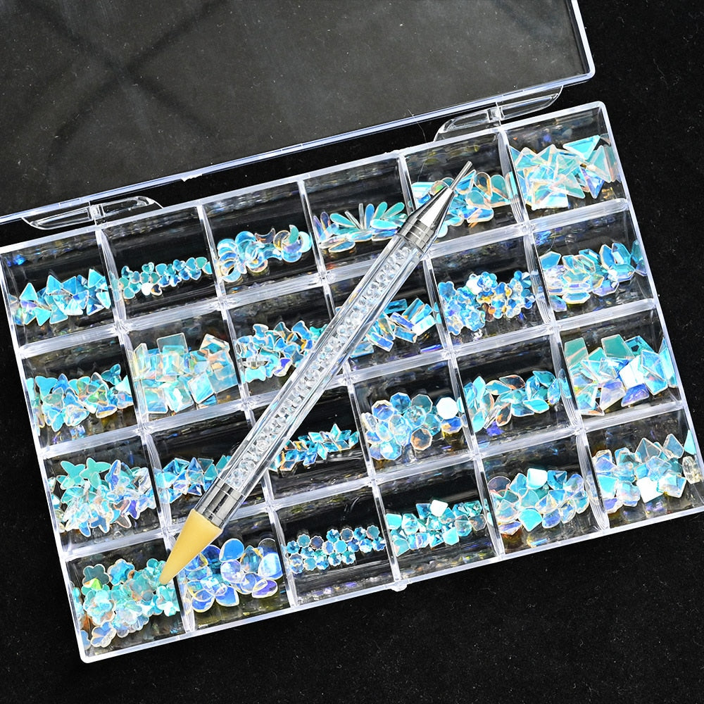 2000PC (20*100) Crystal AB Rhinestone In Grids 20Shape Flat- Back Nail Art Rhinestone With 1 Pick Up Pen In Clear Big Box