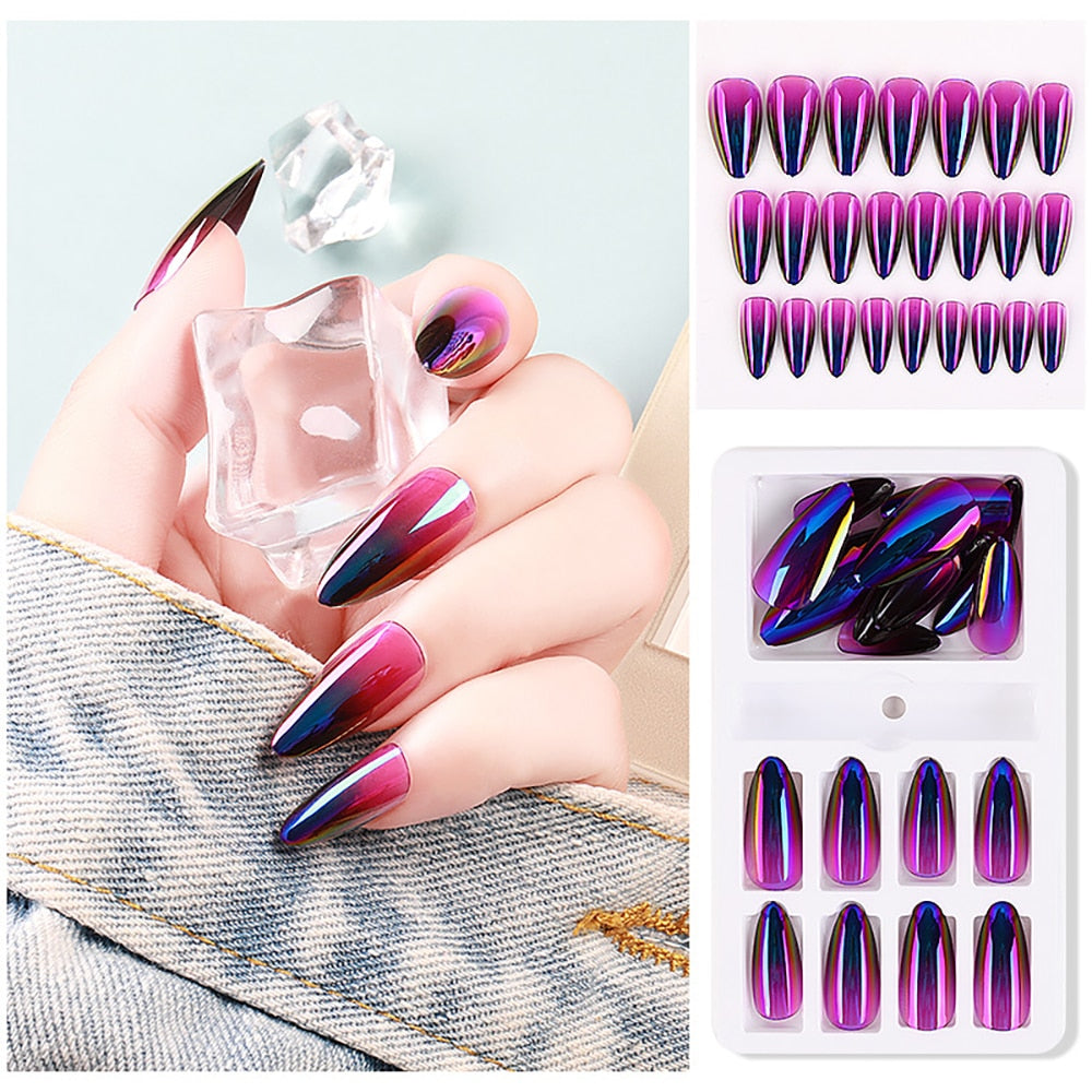 24 Pcs/Box False Nail Glitter Mirror Aurora Full Cover Nail Tips Coffin Fake Nails Gradient Nail DIY Decoration