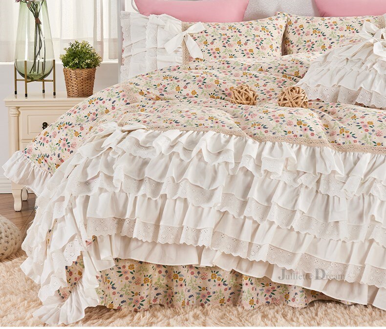 New luxury layers bedding set sweet princess bow ruffle duvet cover wedding bedding pink bed sheet girl baby bed skirt cover