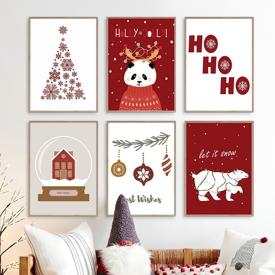 Christmas Tree Panda Bear Snowflake Wall Art Canvas Painting Nordic Posters And Prints Wall Pictures For Living Room Decoration