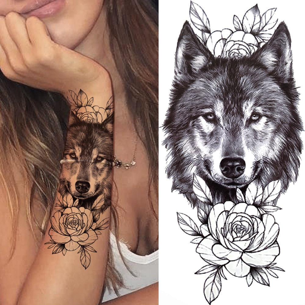 Black Forest Tattoo Sticker For Men Women Children Tiger Wolf Death Skull Temporary Tattoo Fake Henna Skeleton King Animal Tatoo