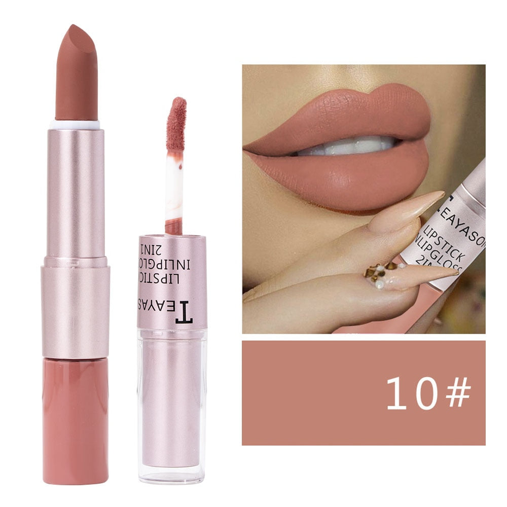 Velvet Nude Matte Lip Gloss Lipstick 2 in 1 Waterproof Long Lasting Lip Balm Sexy Red Lip Tint Professional Makeup for Women