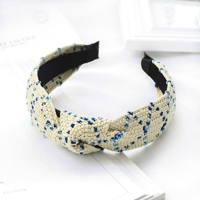 Straw Wide Sponge Plaid Knot Cross Hair Scarf Band Hairband for Women Girl Korea Headbands Fashion Accessorie