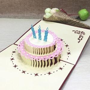 1pcs Birthday Cake 3D Handmade Pop Up Laser Cut Postcard Greeting Gift Cards Kraft Kirigami Blank With Envelope Birthday Gifts