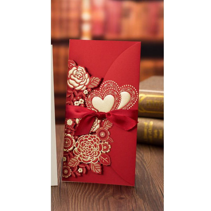 50pcs Laser Cut Wedding Invitations Card Rose Love Heart Greeting Cards Customize Envelopes with Ribbon Wedding Party Supplies