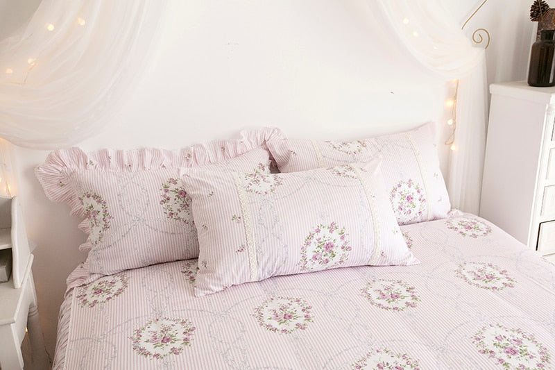 Korean Princess style Twin Queen King Bedding set 100%Cotton Girls Bed set Floral print Pink Blue Bed skirt set Duvet cover