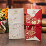 50pcs Laser Cut Wedding Invitations Card Rose Love Heart Greeting Cards Customize Envelopes with Ribbon Wedding Party Supplies
