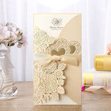 50pcs Gold Laser Cut Wedding Invitations Card Rose Heart Greeting Cards Customize Envelopes with Ribbon Wedding Party Supplies