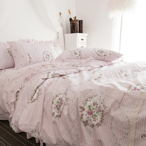 Korean Princess style Twin Queen King Bedding set 100%Cotton Girls Bed set Floral print Pink Blue Bed skirt set Duvet cover