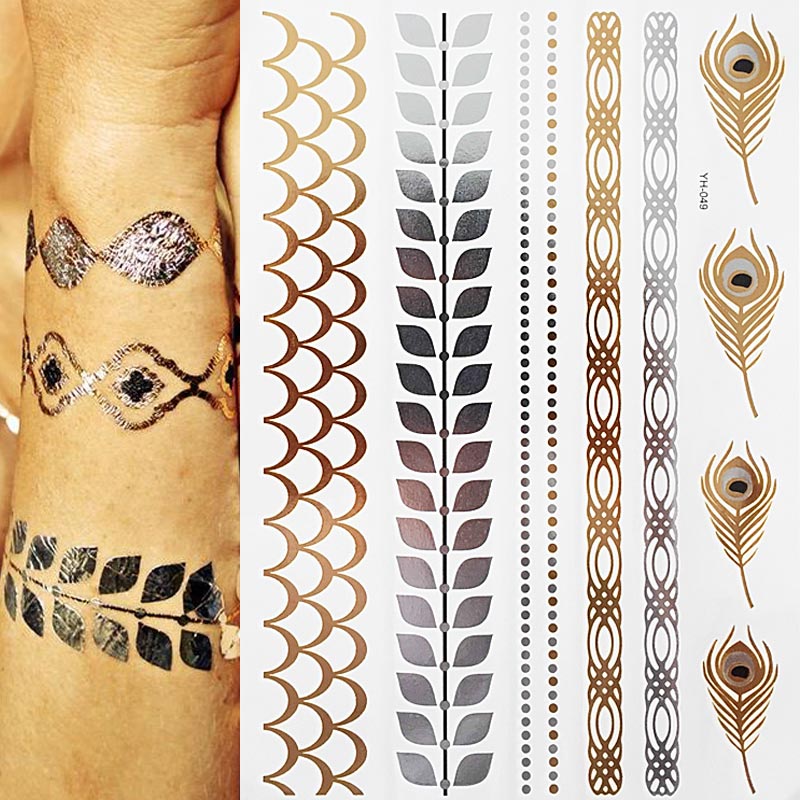 1 sheet Flash Boho Metallic Gold Feathers Shimmering Jewellery Festival Temporary Tattoo