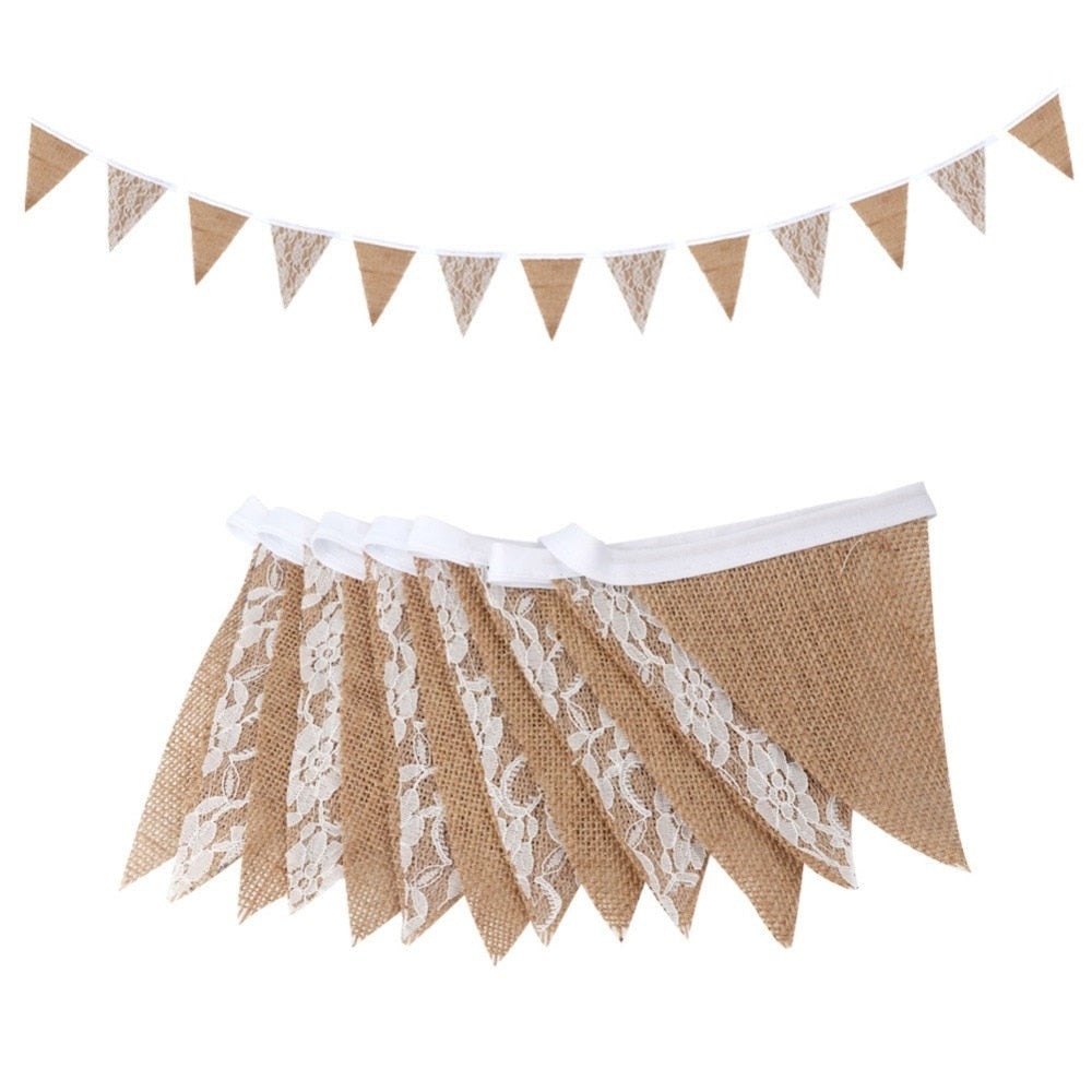 OurWarm 2.8m Wedding Banner Background Party Photography Props Decoration 12*16*16cm Burlap Lace Bunting Banner 13 Flags