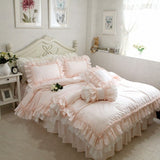 Super Sweet Solid Color Bedding Sets Luxury Princess Wedding Pink Lace Ruffle Cotton Duvet Cover Bedspread Bed Skirt Pillowcases