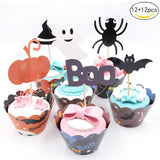 24PCS Halloween Decoration Bat Spider Party (12PCS Cupcake Wrappers +12PCS Cake Topper) for Baking Cake Dessert Table Cake Decor