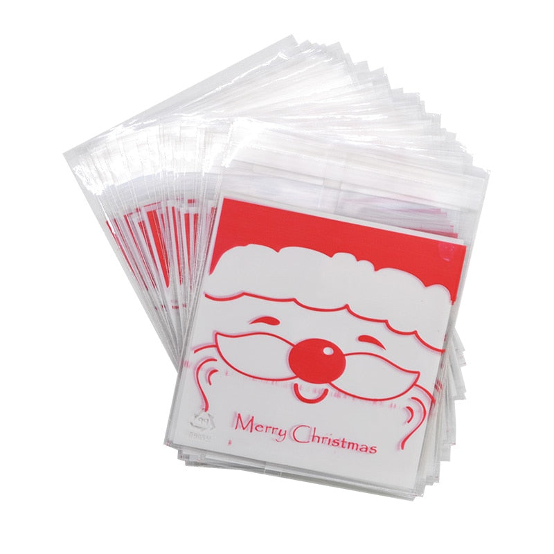 50Pcs 10x10cm Christmas Candy Cookie Gift Bags Plastic Self-adhesive Biscuits Snack Packaging Bags Xmas Party Decoration Favors