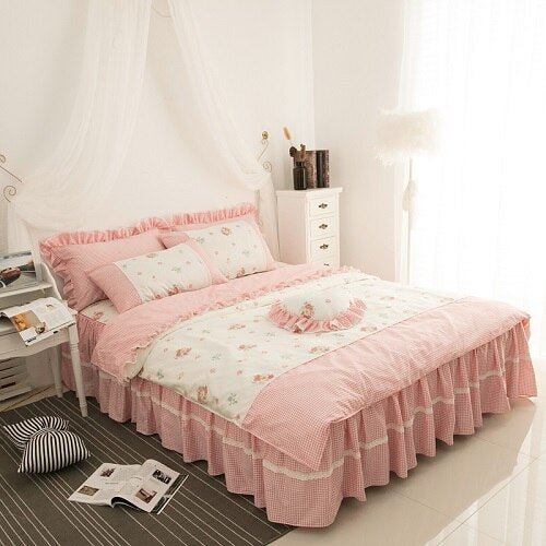 Korean Princess style Twin Queen King Bedding set 100%Cotton Girls Bed set Floral print Pink Blue Bed skirt set Duvet cover