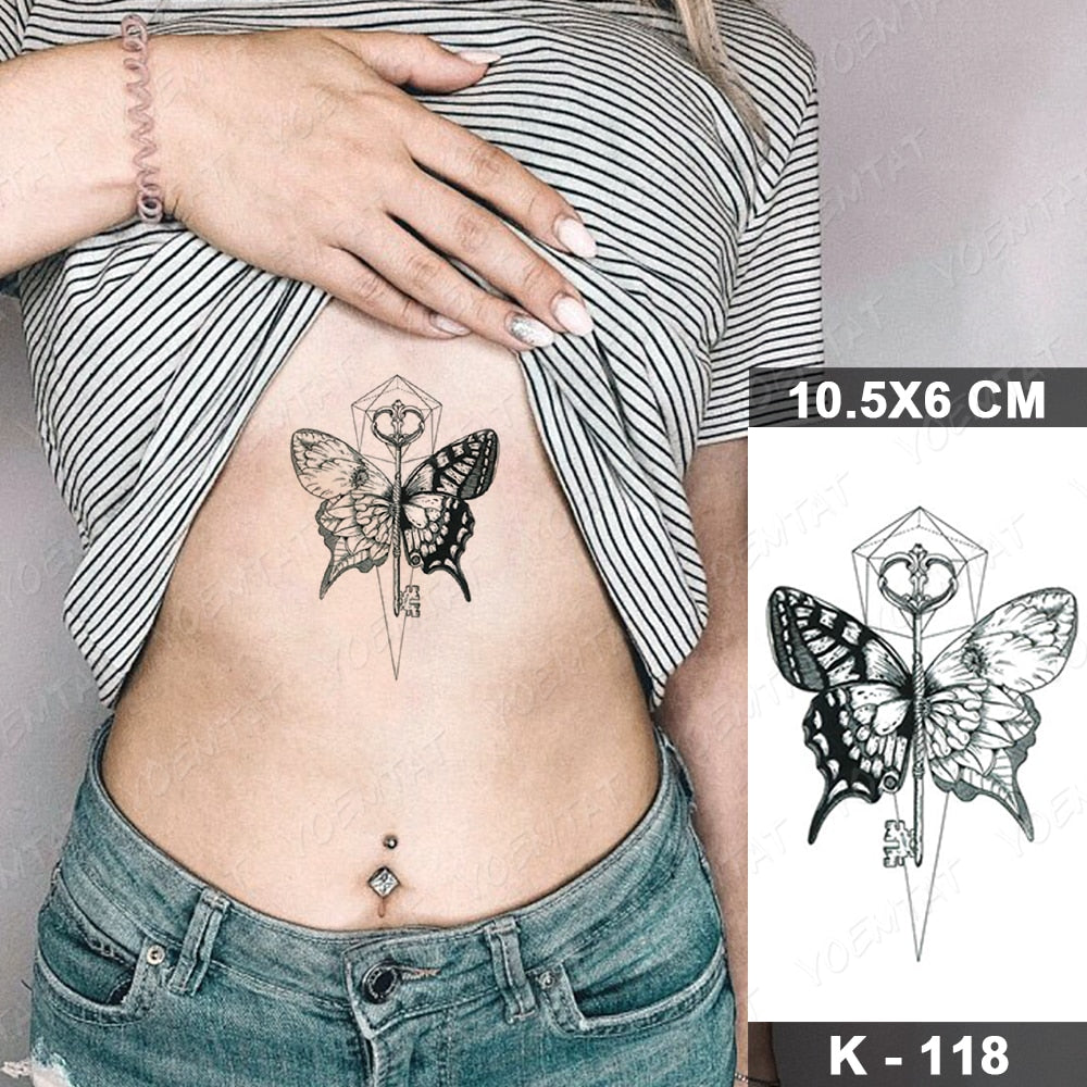 Waterproof Temporary Tattoo Stickers Butterfly Snake Rose Flower Gun Dark Flash Tatto Women Body Art Wrist Neck Fake Tattoos Men