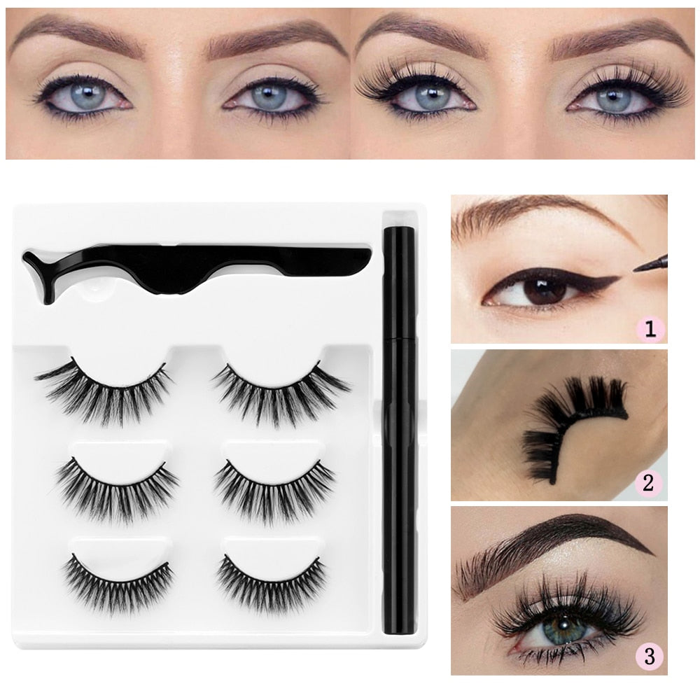 3 Pairs Self Adhesive False Eyelashes Eyeliner Kit a Liquid Eyeliner Non Magnetic Lashes No Glue Needed Eye Makeup Tools