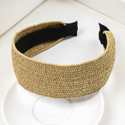 Straw Wide Sponge Plaid Knot Cross Hair Scarf Band Hairband for Women Girl Korea Headbands Fashion Accessorie