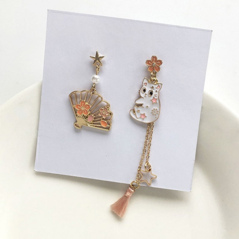 Korean Asymmetrical Cute Animal Cat Dangle Earrings Women Enamel Flower Rabbit Fan Star Moon Balloon Earrings Party Jewelry Gift