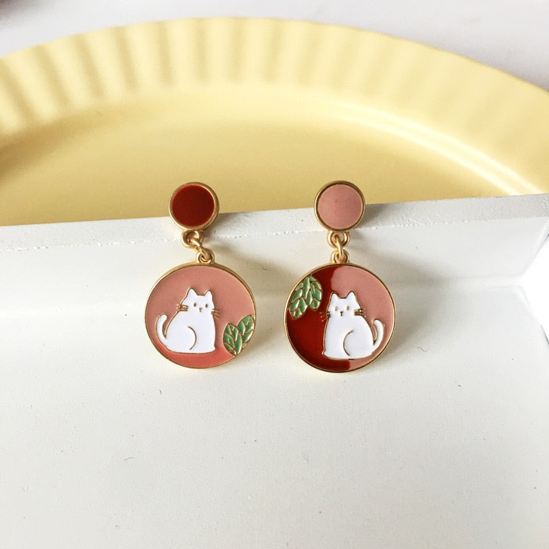 Korean Asymmetrical Cute Animal Cat Dangle Earrings Women Enamel Flower Rabbit Fan Star Moon Balloon Earrings Party Jewelry Gift