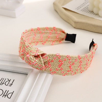 Straw Wide Sponge Plaid Knot Cross Hair Scarf Band Hairband for Women Girl Korea Headbands Fashion Accessorie