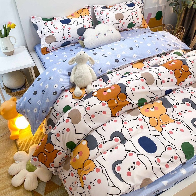 Fashion Boys Girls Bedding Set Soft Flat Sheets Bed Linen Duvet Quilt Cover Pillowcase for Queen Full Size Cute Cartoon Printed