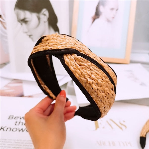 Straw Wide Sponge Plaid Knot Cross Hair Scarf Band Hairband for Women Girl Korea Headbands Fashion Accessorie