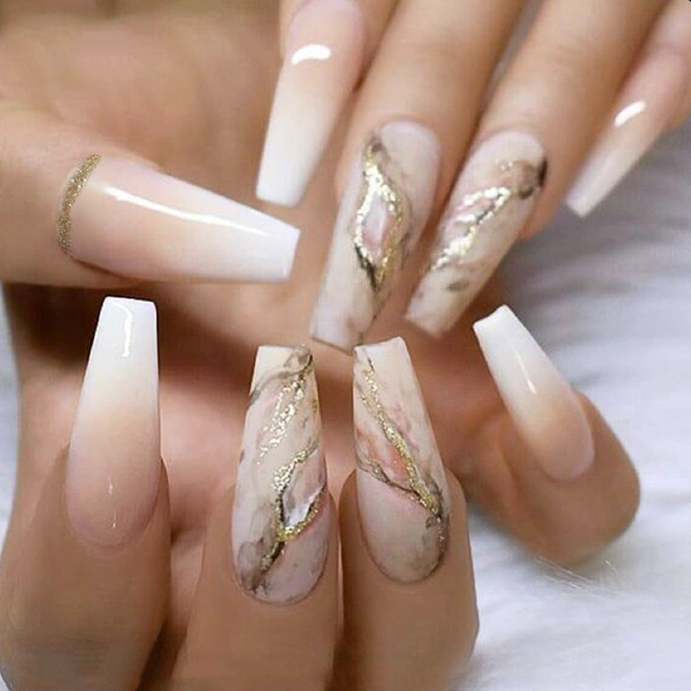 24Pcs Marble Gradient Long Coffin False Nails Detachable Wearable Gold Foil Ballerina Fake Nails Full Cover Nail Tips Press Glue