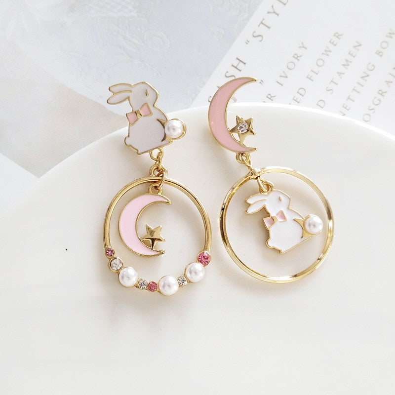 Korean Asymmetrical Cute Animal Cat Dangle Earrings Women Enamel Flower Rabbit Fan Star Moon Balloon Earrings Party Jewelry Gift