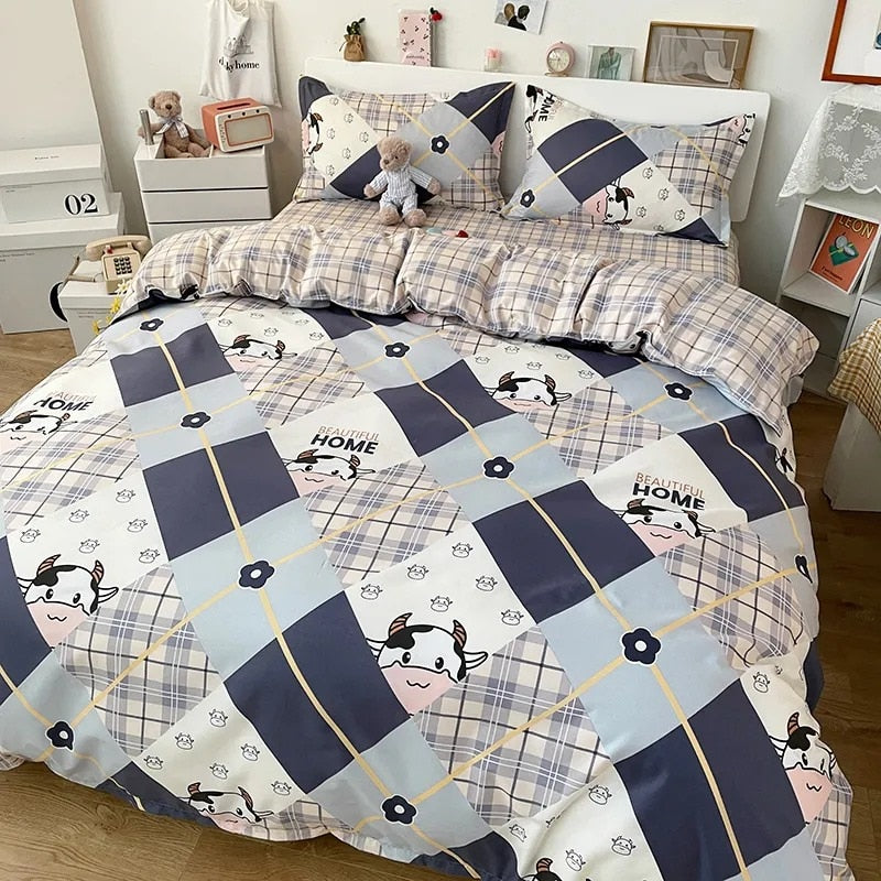 Fashion Boys Girls Bedding Set Soft Flat Sheets Bed Linen Duvet Quilt Cover Pillowcase for Queen Full Size Cute Cartoon Printed