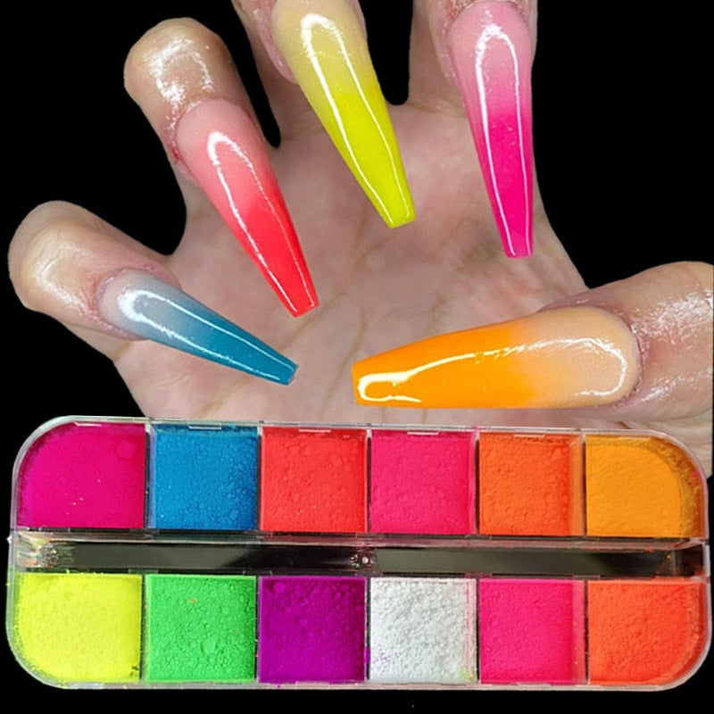 12 Grids Neon Nail Powder Fluorescent Makeup Matte Eyeshadow Palette Nail Art Decoration Neon Pigment Manicure Dust Powder