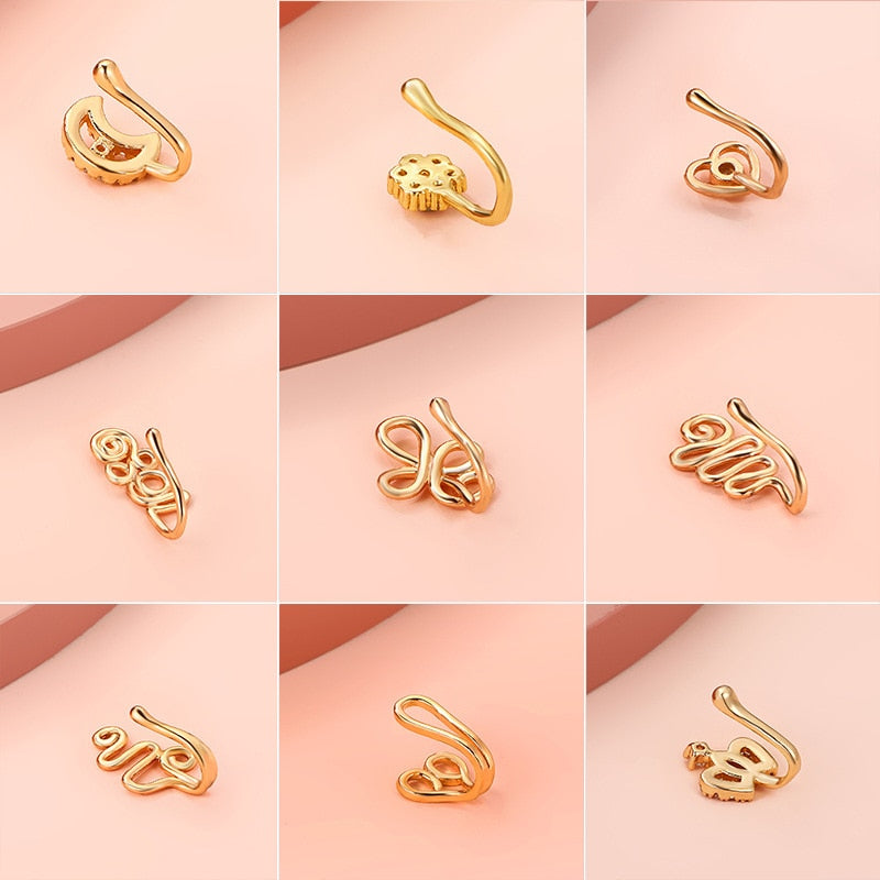 1Pc Fake Nose Studs Piercing Ring CZ Crystal Nose Cuff Women Punk Wire Spiral Nose Cuffclip Star Heart Nose Ring Body Jewelry