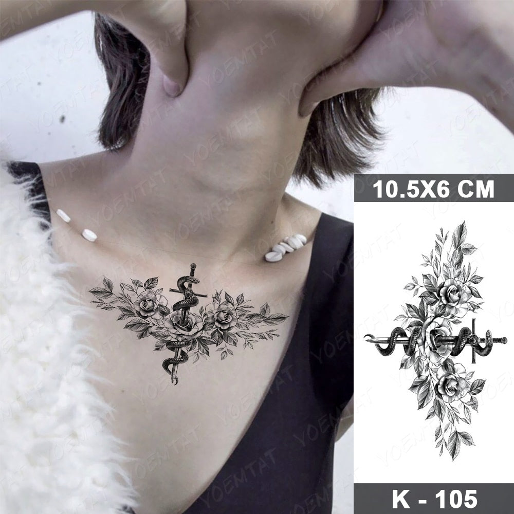 Waterproof Temporary Tattoo Stickers Butterfly Snake Rose Flower Gun Dark Flash Tatto Women Body Art Wrist Neck Fake Tattoos Men