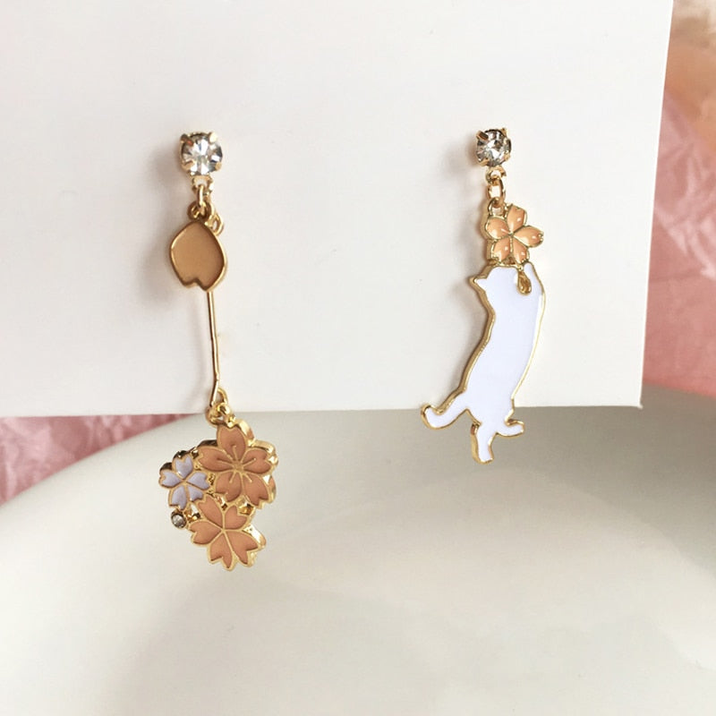 Korean Asymmetrical Cute Animal Cat Dangle Earrings Women Enamel Flower Rabbit Fan Star Moon Balloon Earrings Party Jewelry Gift