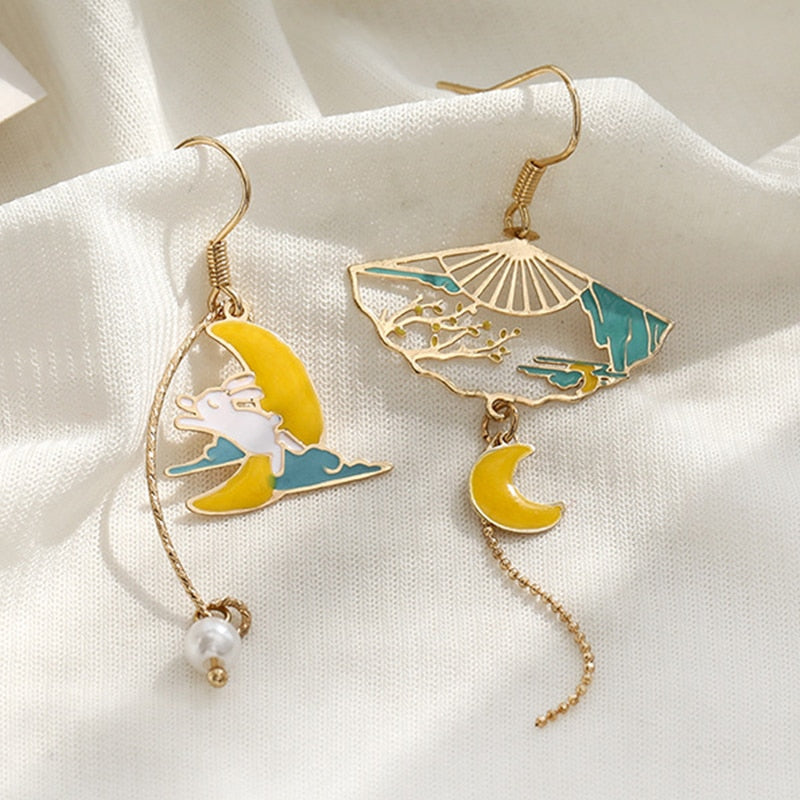 Korean Asymmetrical Cute Animal Cat Dangle Earrings Women Enamel Flower Rabbit Fan Star Moon Balloon Earrings Party Jewelry Gift