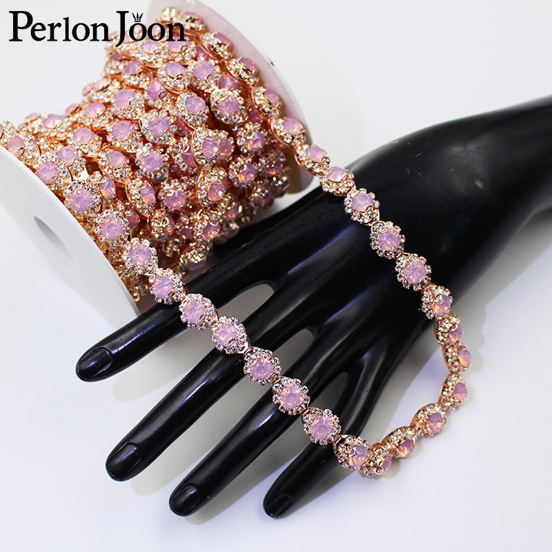 1yard Color crystal jelly rhinestones trim Ribbon Rose gold metal crystal chain for dress, bag, shoes accessories ML044