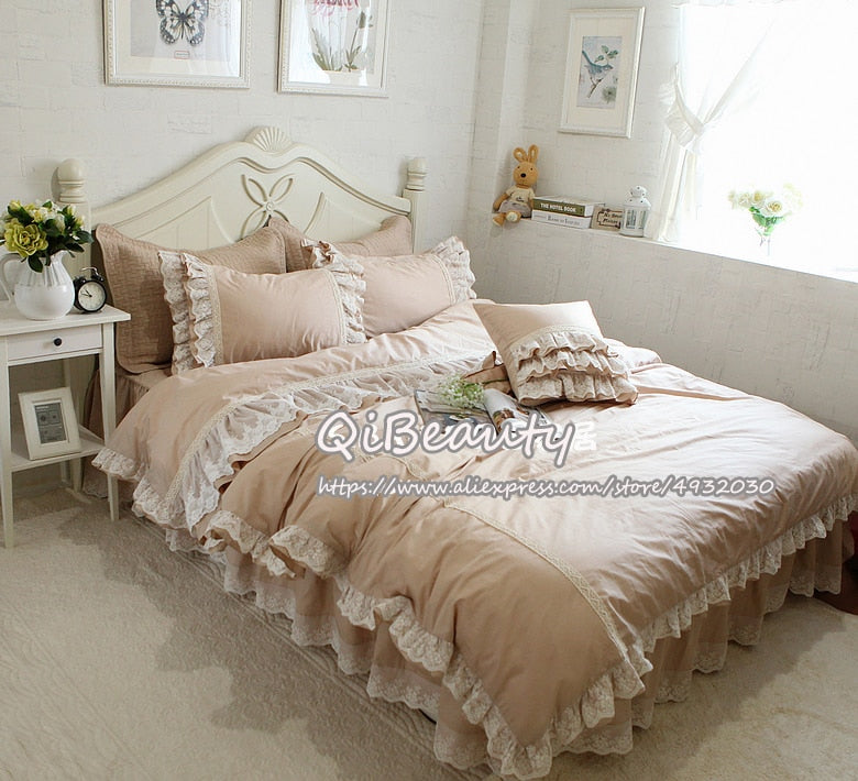 Oklulu Khaki Lace Flounced Princess Thick Cotton Four-piece Set Bedding Kit Bedding Set Queen Size