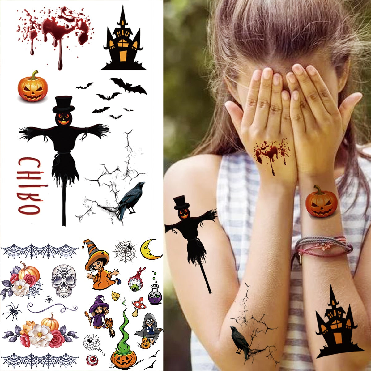 Black Halloween Spider Temporary Tattoos For Kids Children Realistic Fake Bat Scarecrow Skull Tatoos DIY Small Tattoo Stickers