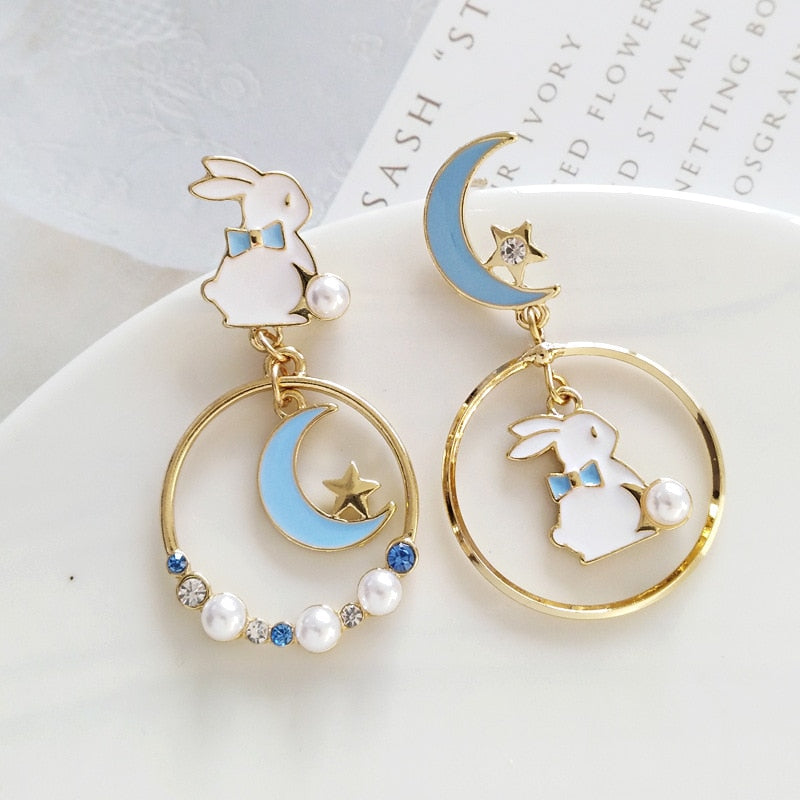 Korean Asymmetrical Cute Animal Cat Dangle Earrings Women Enamel Flower Rabbit Fan Star Moon Balloon Earrings Party Jewelry Gift