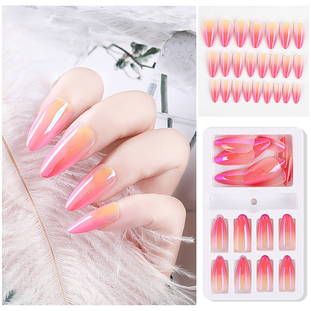 24 Pcs/Box False Nail Glitter Mirror Aurora Full Cover Nail Tips Coffin Fake Nails Gradient Nail DIY Decoration