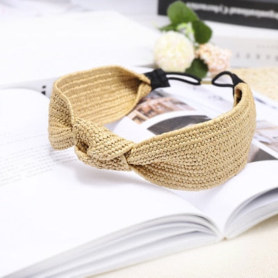 Straw Wide Sponge Plaid Knot Cross Hair Scarf Band Hairband for Women Girl Korea Headbands Fashion Accessorie