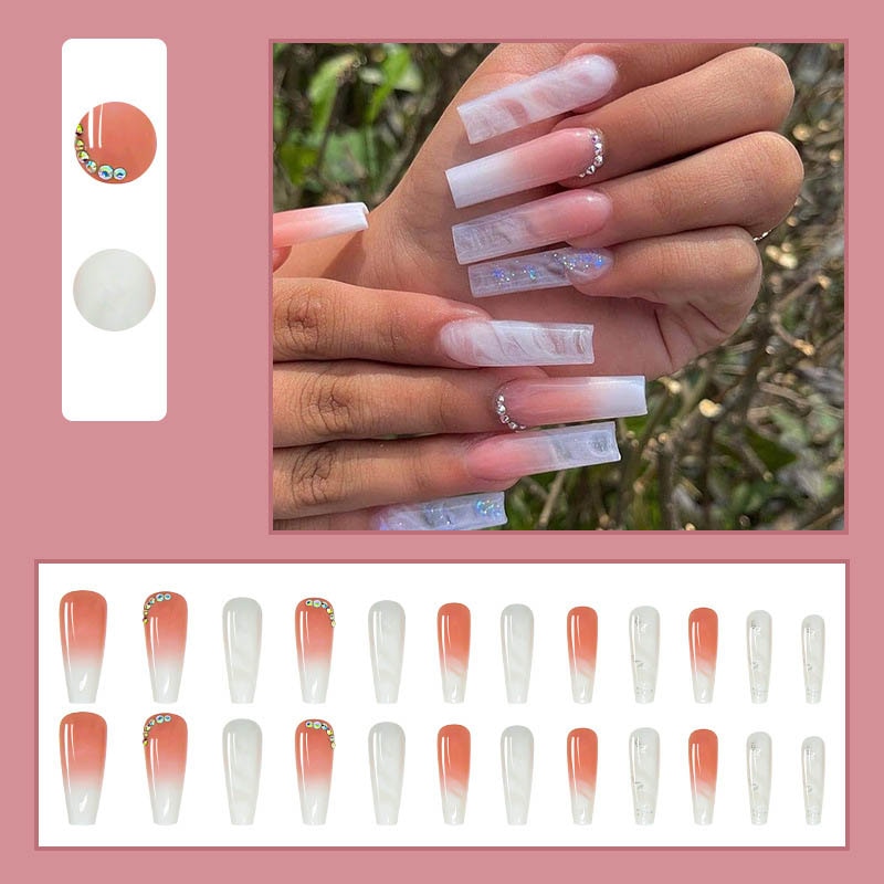 24pcs False Nails Nude Gradient Nail Patch Rhinestone Inlaid Press On Nails Removable Long Paragraph Fashion Manicure nail tips