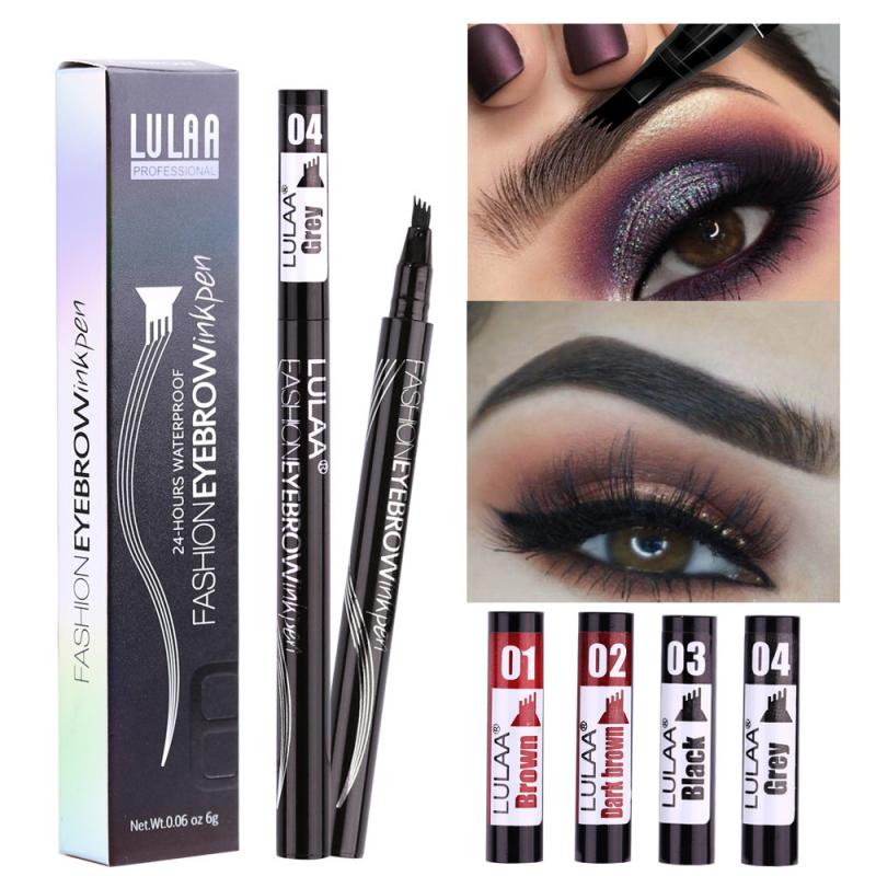 LULAA Four Heads Microblading Tattoo Eyebrow Pen Liquid Lasting Waterproof Non-fading Black Fork Tip Brown Liquid Eyebrow Pencil