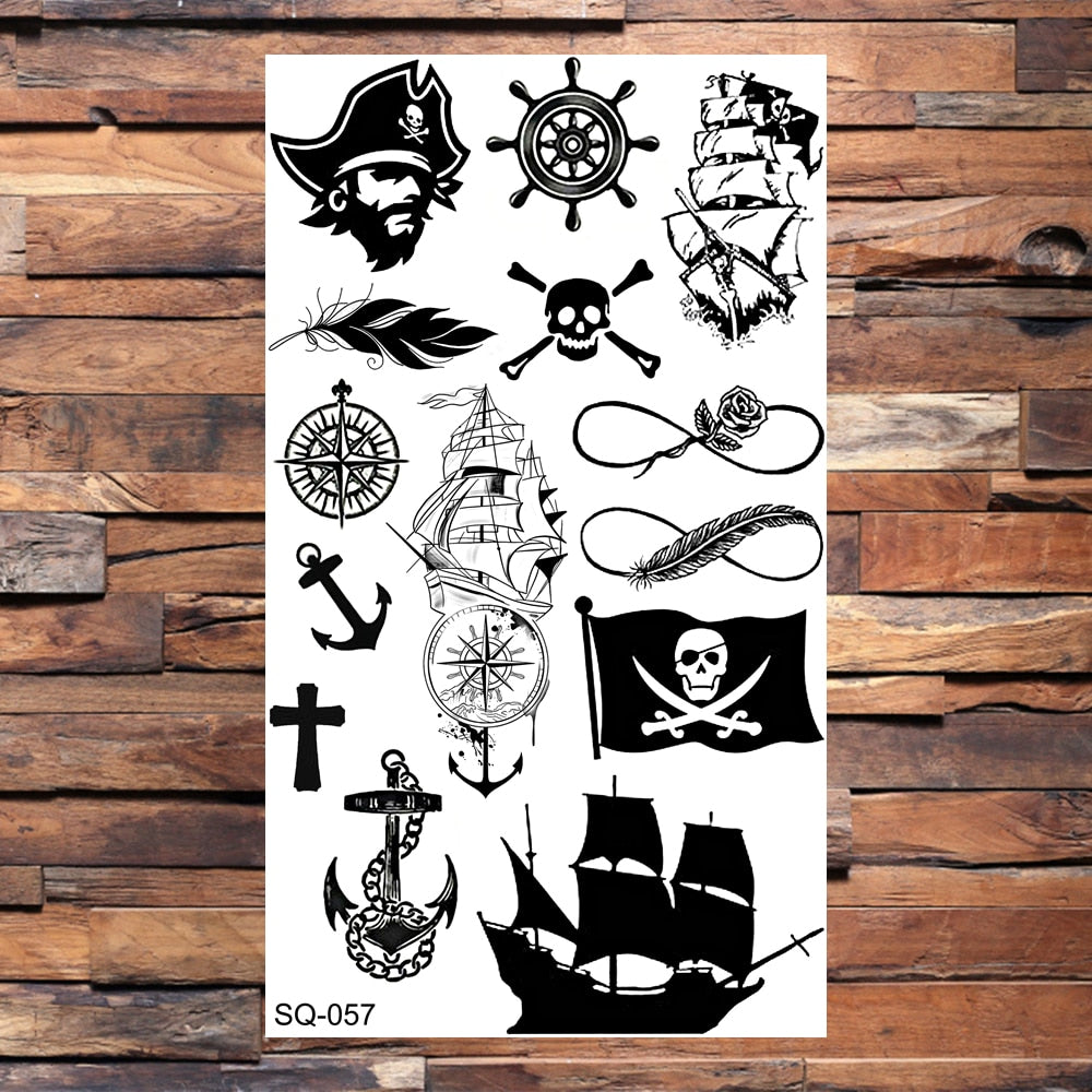 Skull Anchor Halloween Temporary Tattoos For Adults Children Realistic Pirate Panda Compass Fake Tattoo Sticker Body Neck Tatoos