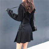 Spring 2022 Hooded Dress Women Lace Up Waist Slim Black Gothic Dress Female Short Mini Harajuku Streetwear Vestidos